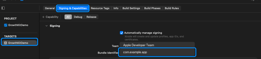 Xcode Signing and Capabilities with the bundle identifier highlighted