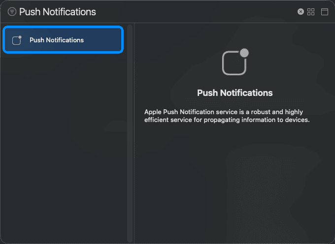 Xcode capability chooser filtered to Push Notifications
