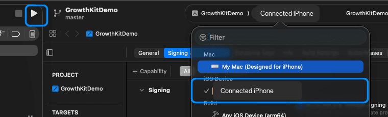 Xcode run destination with a physical iPhone selected