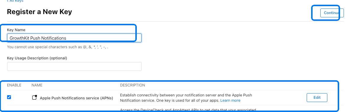 Apple Developer key form with APNs selected