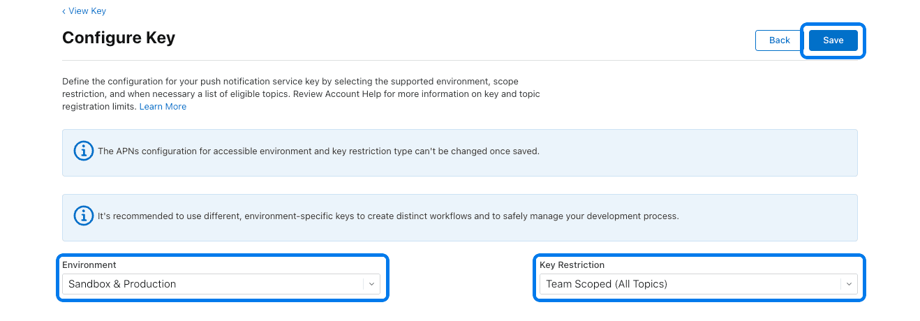 Apple Developer APNs environment and restriction configuration