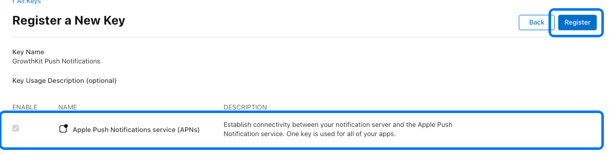 Apple Developer APNs key registration review